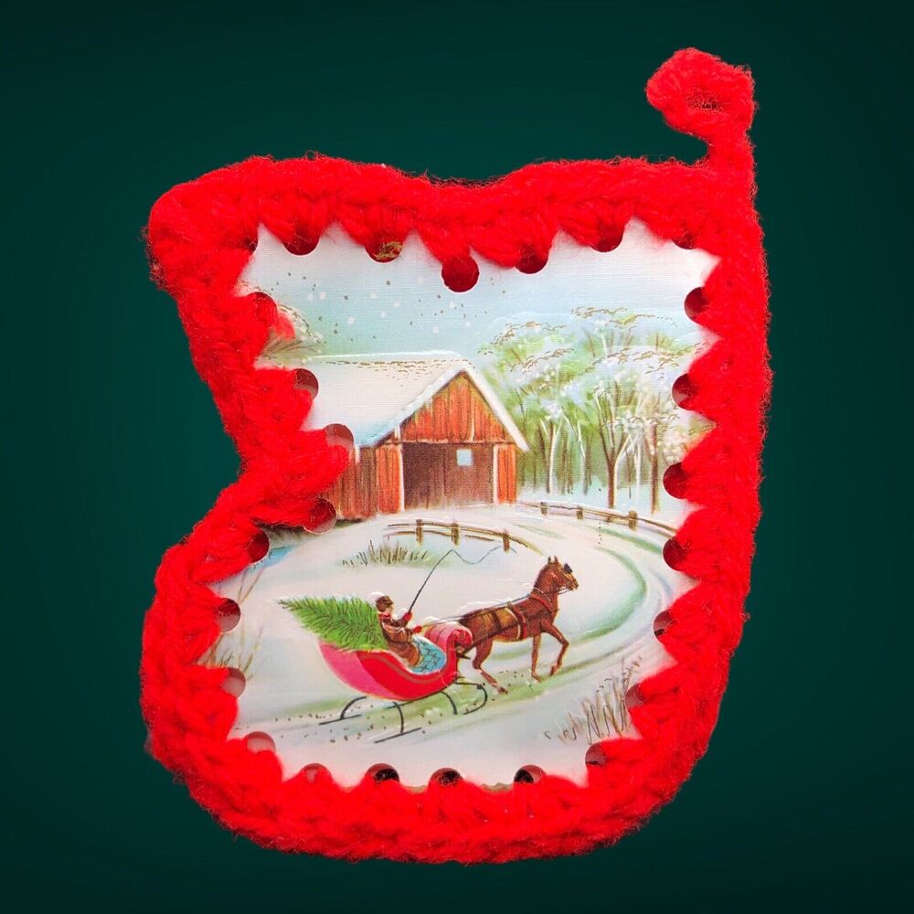 VTG Repurposed Christmas Ephemera Crochet Edge Stocking Gift Card Candy Holder - Picture 2 of 5